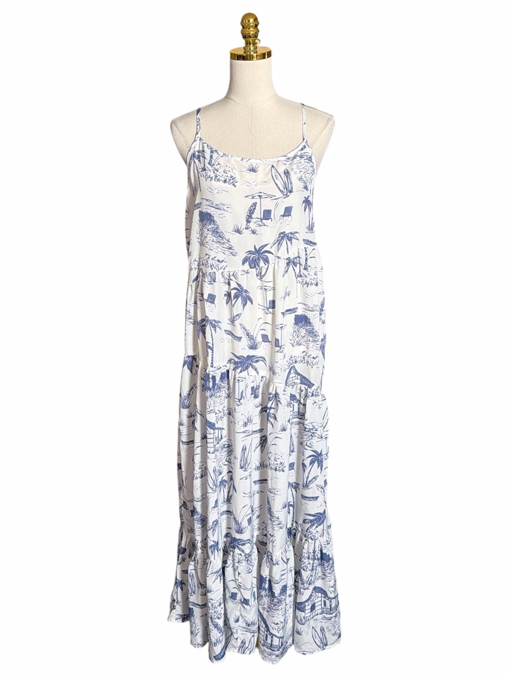 True Destinations Blue White Tropical Print Tiered Maxi Dress Low Back Sz Large